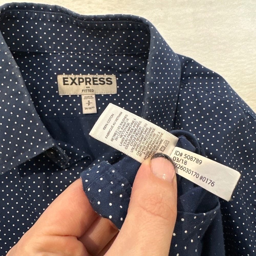 Express Fitted Mens Navy Blue Polka Dot Long Sleeve Button Down Shirt Small S - Picture 6 of 7